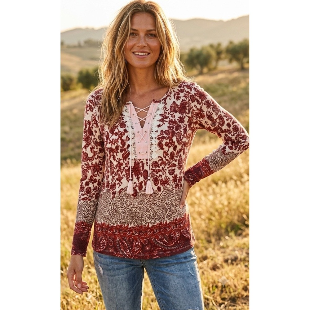 Vintage America Lara Lace Up Paisley Floral Knit Top Red Cream Size Large